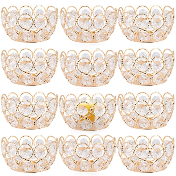12PCS Crystal Tea Light Candle Holders Romantic Gold Rim, Wax Candlelight Dinner Decorative Votive Candle Holders Centerpieces for Wedding Birthday Party Festival