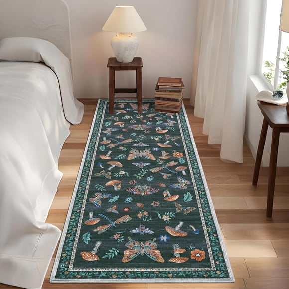 GOGRANT Washable Area Rug, Vintage Floral Insect Runner Rug, Black, 2x6ft, Non-Slip Low Pile Carpet for Entryway Kitchen