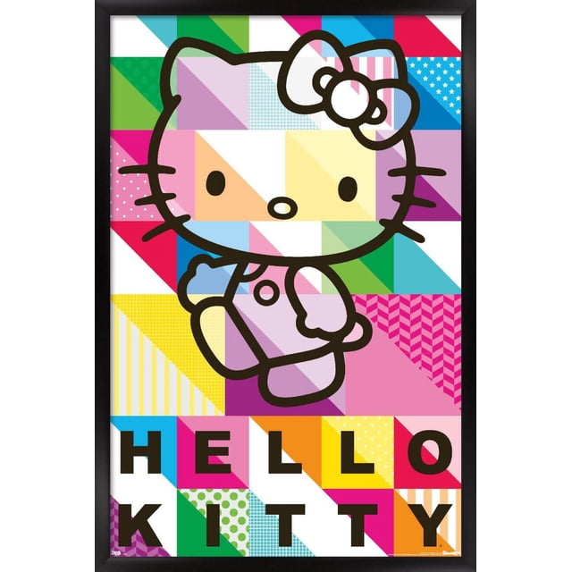 Hello Kitty - Affiche Murale à Motifs, 22,375 Po x 34 Po Présentant une Affiche Encadrée Lustrée avec un Grand Personnage Hello Kitty Décrit en Noir et Portant un Nœud, sur un Fond Coloré de patchwork Géométrique avec Rayures, Pois, Étoiles et chevrons, avec des Lettres Noires Audacieuses Épelant « Hello Kitty » au Bas, Idéal pour Décorer des Chambres, des Bureaux Ou des Résidences Étudiantes.