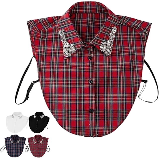 Collier Détachable en Strass à Carreaux de Noël Rouge, Faux Col pour Femmes, Demi-Chemise