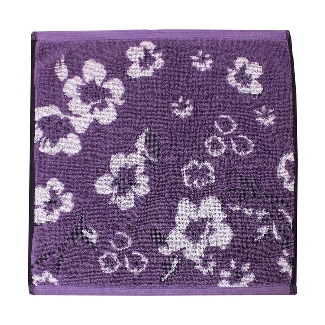 Hometrends Fashion purple cotton washcloth with white and dark purple yarn-dyed jacquard floral pattern, measuring 13 by 13 inches, machine washable with a soft hand feel, suitable for bathroom, kitchen, or travel use.