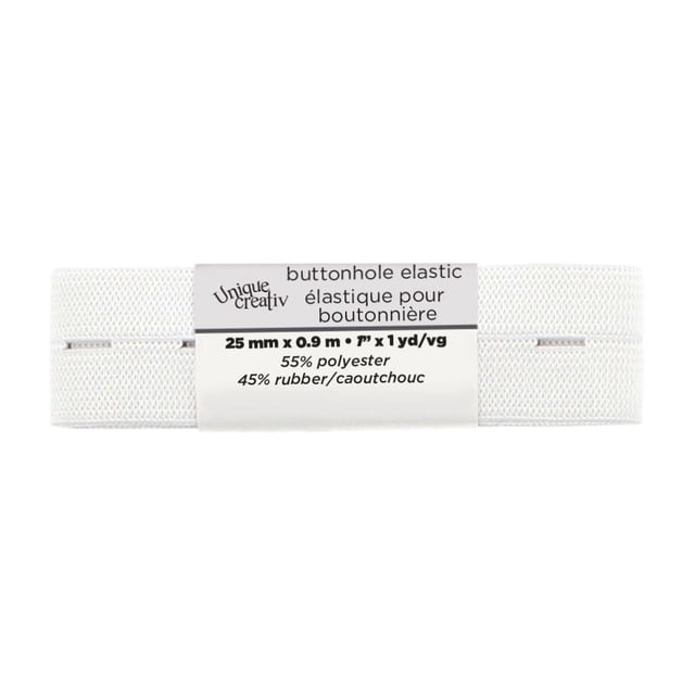 Élastique pour Boutonnière par Unique Creativ, Blanc, 25 mm de Large et 0,9 m (1 yard) de long, Fait de 55 % polyester et 45 % Caoutchouc, Idée de Couture Idéale pour Créer des Boutonnières Extensibles et des Détails de Vêtement.
