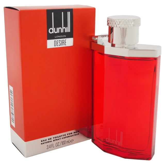 Desire by Alfred Dunhill for Men - 3.4 oz EDT Spray. A vibrant red glass bottle with silver accents, paired with a matching red box featuring the Dunhill logo and product details. Men's cologne with notes of apple, orange blossoms, bergamot, lemon, rose, patchouli, teakwood, vanilla, musk, and labdanum.