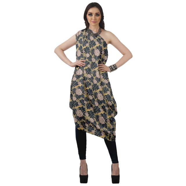 Moomaya Robe Kurti à une Épaule Imprimée pour Femme, Sans Manches, à Col Bénitier, Style Bohème, Tenue de Soirée de Designer
