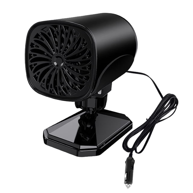 EGNMCR Car Heater Small Defrost And Defog Car High Power Heater, a compact black automotive accessory with a fan-like front grille, mounted on a 360-degree adjustable base. Designed for vehicles with 24V electrical systems, it features a 1.4-meter power cord with a tobacco lighter plug for easy installation. Ideal for defrosting, defogging, and quick heating in larger vehicles such as trucks, buses, and RVs.