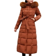 Kcodviy Women's Solid Color Long Famous Jacket Hooded Lace Up Wool Womens Quilted Coat Jacket Pocket Long Sleeve Womens Winter Hooded Coat
