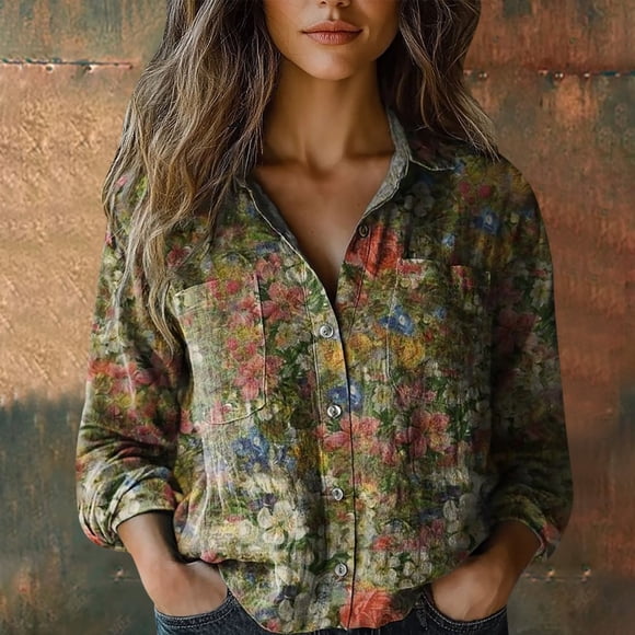 Women's Printed Cotton Button Down Shirt, Fashion Long Sleeve Blouse with Wrinkle Resistant Comfort, Casual Fall Top for Halloween, Vacation and Travel Outfits Khaki XL