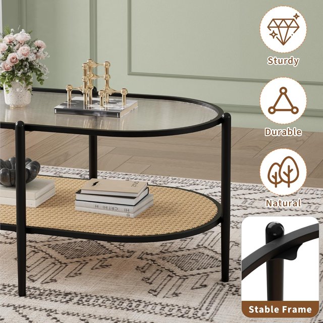 EastVita 2-Tier Rattan Coffee Table,Boho Oval Coffe Table with TempeRed Glass Top,Farmhouse Water-Wave Glass Metal Tea Center Tables Storage Shelf Decor for Living Room Office Home - Black
