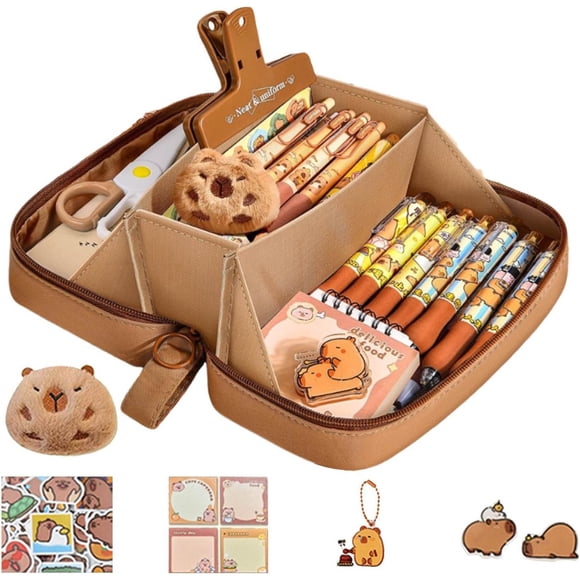 Trousse à Crayons Capybara Grande Capacité à Grand Ouverture Crayon avec Épingles Autocollants Pendentif et Bloc-Notes Papeterie Mignonne Capybara Fournitures Scolaires Arts et Bricolages pour Enfants de 8 à 12 Ans Organisateurs d'Artisanat et