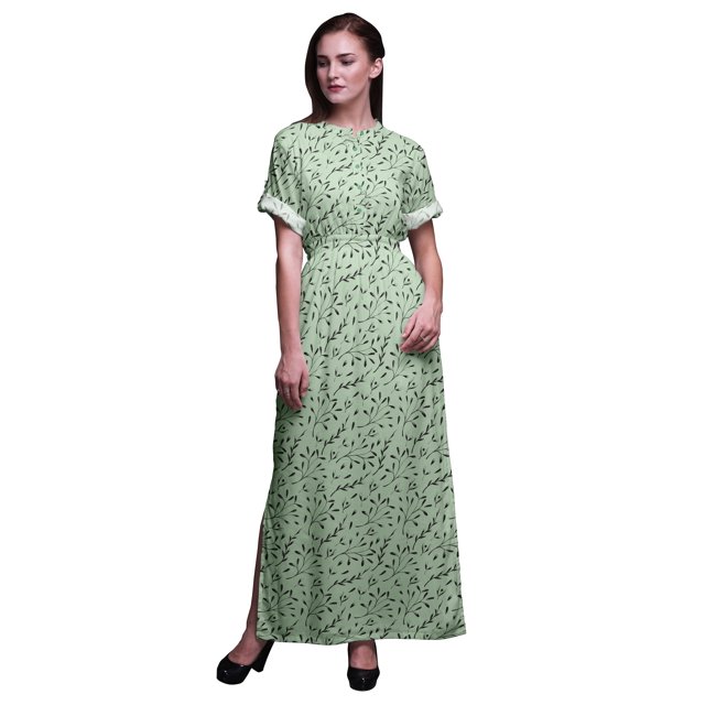 Bimba Robe Longue en Rayonne à Graines et Feuilles de Frêne Européen pour Femmes, Style Bohème, Plage, Cocktail, Fête, Maxi, Fendue - Petit