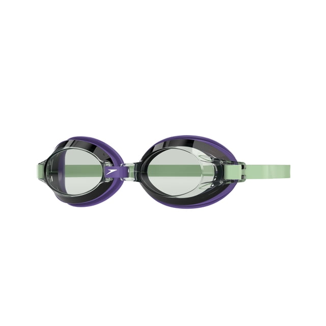 Speedo Skimmer Kids Swim Goggle shown from above with clear impact-resistant lenses, black and purple frame, adjustable light green silicone strap, and purple nose bridge with Speedo logo, providing UV protection and a comfortable fit for beginner swimmers.