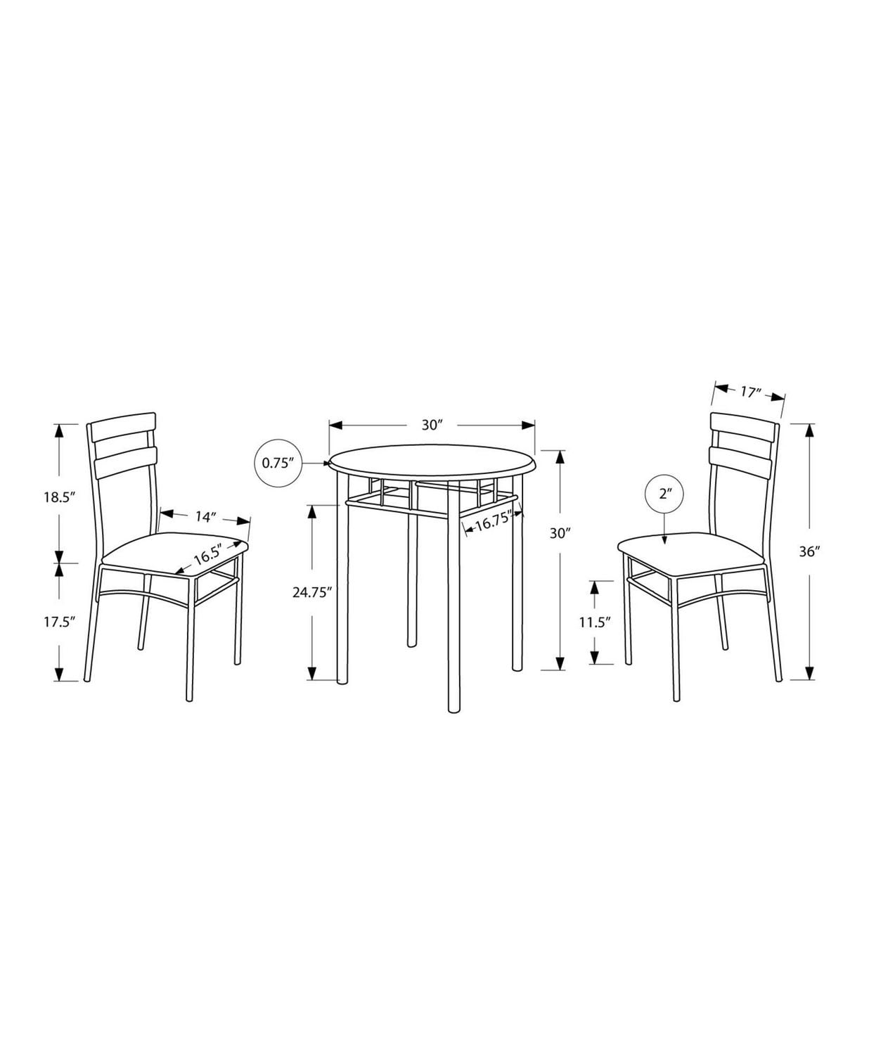 Monarch Specialties Dining Table Set, 3pcs Set, Small, 30" Round, Kitchen, Metal, Laminate, Black, Grey, Contemporary, Modern