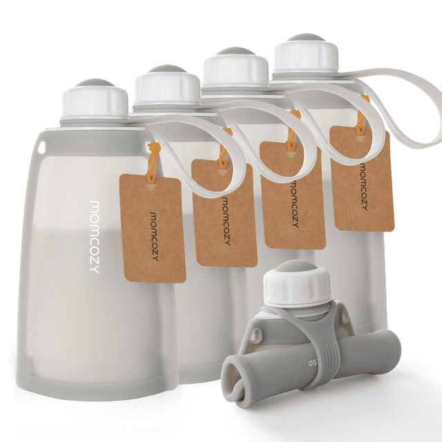 Momcozy Breastmilk Storage Bags, reusable and disposable milk storing bags for breastfeeding. The image shows a set of five gray silicone storage bags, each with a white knob cap and a brown tag attached. These 250ml capacity bags are made from BPA-free food-grade silicone, designed for leak-proof storage in refrigerators or freezers. They can be used flat or upright and are multifunctional, suitable for storing breastmilk, liquids, or mushy foods. The bags feature a strong seal and a scale for easy measurement.