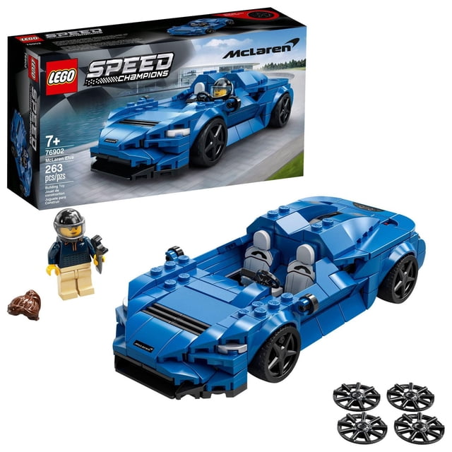 LEGO Speed Champions McLaren Elva 76902 Ensemble de Construction de Jouet Mettant en Vedette un Modèle Bleu de la McLaren Elva LEGO avec un cockpit Ouvert à 2 Places, des Roues Noires et un Style Aérodynamique Détaillé, Incluant une Minifigurine McLaren driver avec Combinaison de Course, Casque et Clé, Quatre Jantes Noires de Rechange, et une Coiffure Brune, Exposé dans la Boîte de Produit Montrant la Voiture sur une Piste de Course.