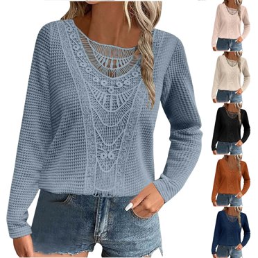 Jinhomg Chemises à Manches Longues pour Femmes Col Rond Dentelle Tops en Maille Gaufrée Blouses Décontractées Habillées Marine,G