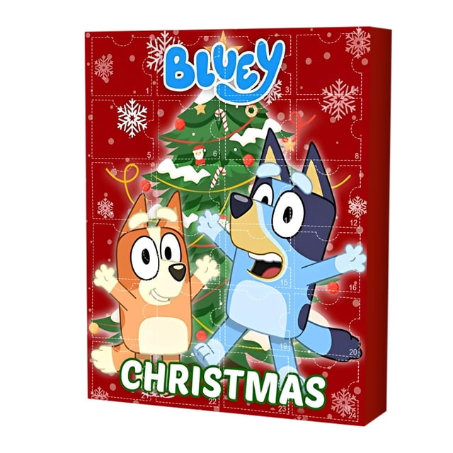 Christmas Advent Calendar 2024 featuring 24 Bluey-themed surprise blind boxes with random action figure toys. The calendar showcases a vibrant red design with Bluey and Bingo characters in front of a decorated Christmas tree. Each door reveals a unique toy, perfect for a 24-day Christmas countdown. Ideal for kids as a festive gift and collectible.