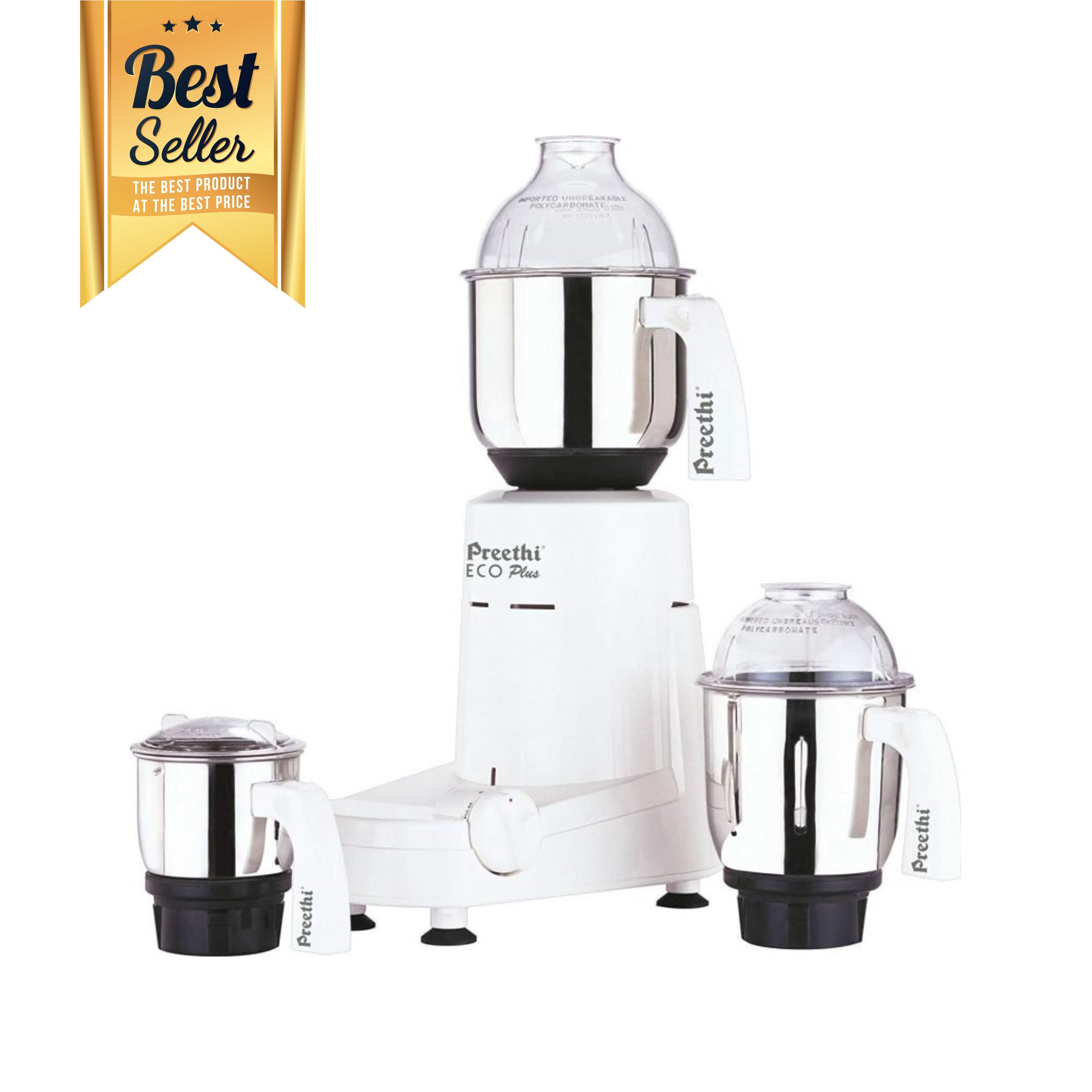 Preethi Eco Plus 550W Blender Mixer Grinder, 110–120V, ABS Body and Stainless Steel Jars and Blades, 3 Jars for Wet and Dry Grinding