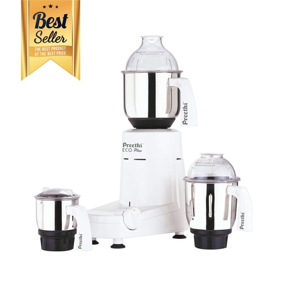 Preethi Eco Plus 550W Blender Mixer Grinder, 110–120V, ABS Body and Stainless Steel Jars and Blades, 3 Jars for Wet and Dry Grinding