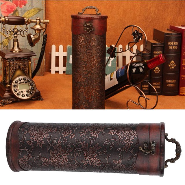 Cergrey Portable Vintage Round Wood Single Red Wine Storage Box With Handle Retro Gift, Single Red Wine Box, Wood Wine Box