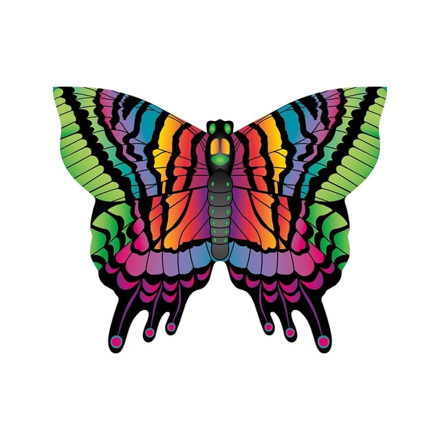 X Kites Butterfly 28 Inch Poly Kite in emerald color with a butterfly shape featuring vibrant rainbow hues of green, purple, blue, orange, and pink, detailed with black outlines. Includes handle, line, QukClip, and SkyTails, suitable for outdoor play and backyard games.
