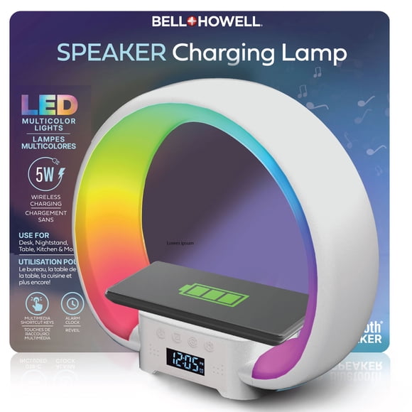 Bell + Howell Bluetooth Speaker Table Lamp Wireless Phone Charger Stand Alarm Clock RGB LED Night Light Bed Lamp