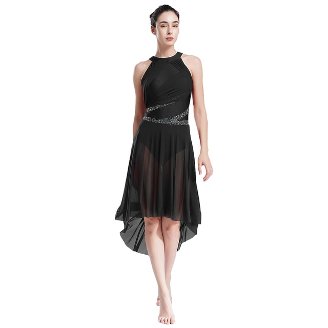 RUNQHUI Costume de Danse Lyrique pour Femmes Robe Haute-Basse avec Strass Jupe de Danse Moderne Justaucorps Noir TTG