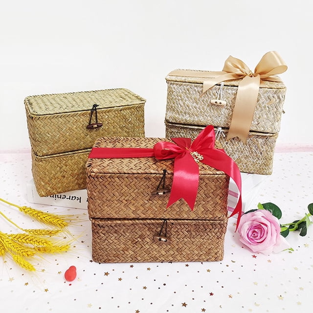 Storage Box Large Capacity Decorative with Lid Rectangle Vintage Handmade Rattan Snack Cosmetics Organizer Home Supplies