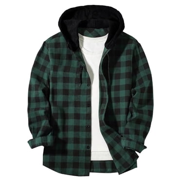 aohooy Flannel Plaid Shirt Men Fall Jackets Long Sleeve Button Down Hoodie Lightweight Casual Shirts Coat Outerwear Army Green,XXL