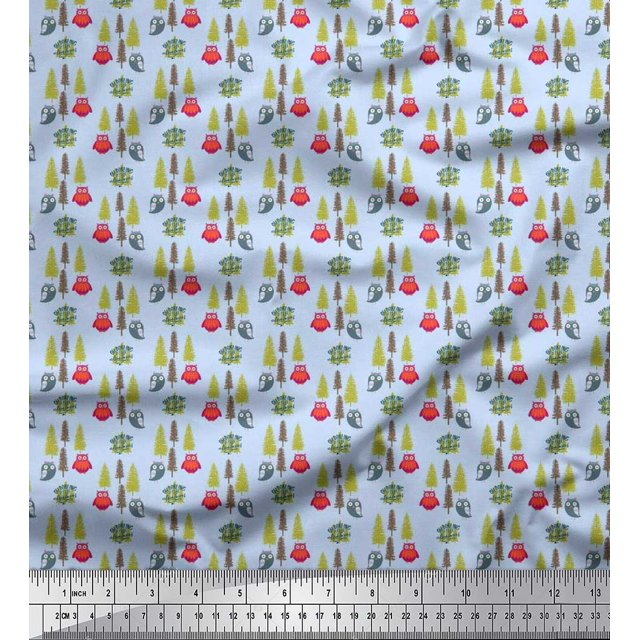 Soimoi Japan Crepe Satin Fabric Text,Tree & Owl Cartoon Print Fabric by The Yard 42 Inch Wide