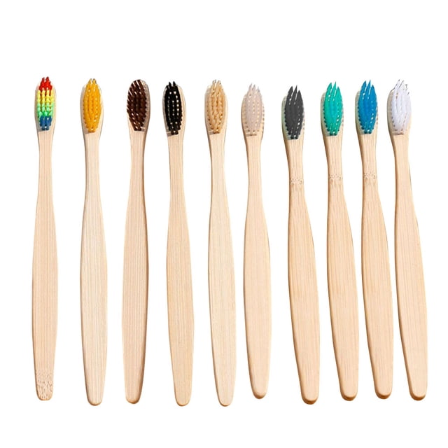 Amdohai 10Pcs/Set Natural Bamboo Toothbrushes with soft bristles and bamboo handles, displayed in a row with bristles in various colors including rainbow, yellow, brown, black, beige, green, blue, and white. Eco-friendly and sustainable design, suitable for home, hotel, and travel use.