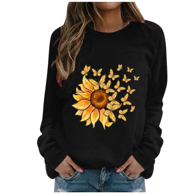HKEJIAOI Chandail Graphique Tournesol Femme Manches Longues T-Shirt Décontracté Col Rond chandail Ample, Noir P