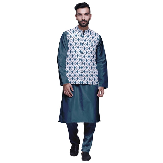 Atasi Kurta Pyjama Traditionnel Uni à Col Mandarin avec Ensemble de Veste Imprimée