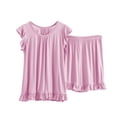 thumbnail image 1 of AherBiu Ensembles de Pyjama Grande Taille pour Femmes 2 Pcs Col Ras du Cou Manches Courtes à Revers Hauts à Volants avec Shorts de Pyjama Vêtements d'Intérieur Vêtements de Nuit, 1 of 7