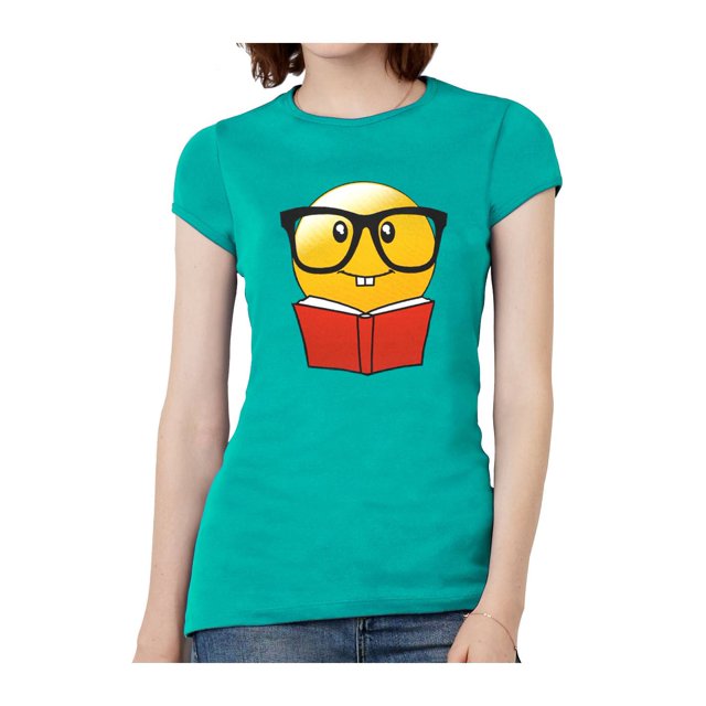 T-Shirt à Manches Courtes pour Femmes, Livre de Lecture Émoticône - Turquoise - Petit