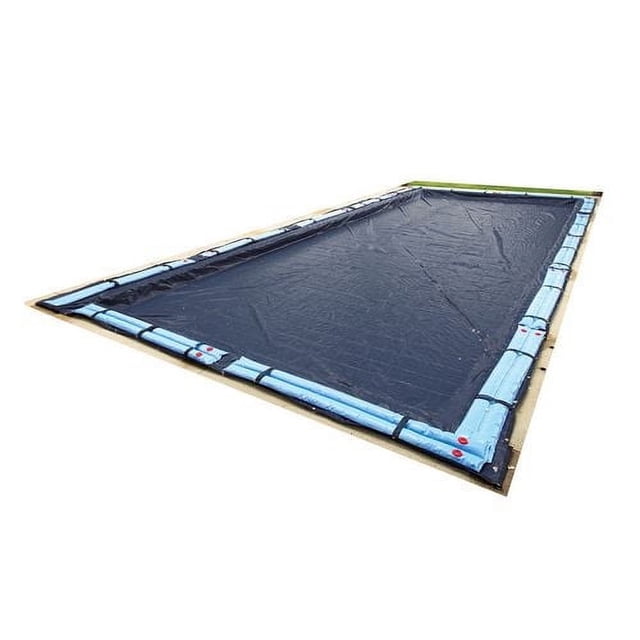 Blue Wave 8-Year Rectangular In-Ground Pool Winter Cover shown at a 3/4 angle, made from solid black polyethylene with a blue 5-foot overlap, featuring integrated loops spaced every four feet for water tubes and reinforced metal corner grommets to secure the cover and block debris and water, suitable for winter pool protection and often used to prevent algae buildup.