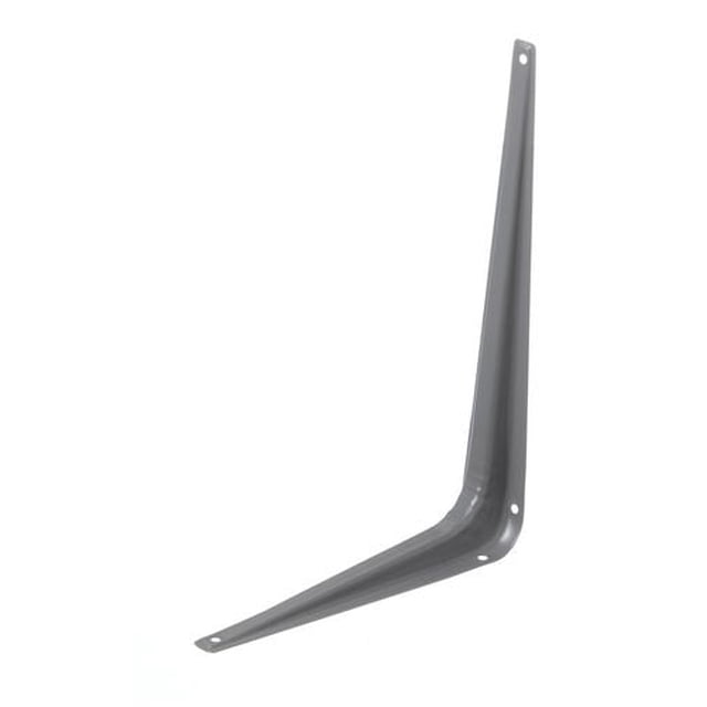 8"x10" Grey Shelf Bracket 1 Piece made of steel with a matte grey finish, featuring a right-angle L-shape with pre-drilled holes for easy installation, designed as a flat brace to support shelves and home hardware projects.