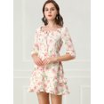 thumbnail image 3 of Unique Bargains Robe Courte à Étages pour Femme à Imprimé Floral, Col Noué, Manches 3/4, 3 of 6
