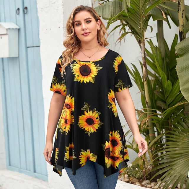 LARACE Tuniques pour Femmes Grande Taille, Hauts à Col Rond à Manches Courtes, Chemisier à Fleurs, Tuniques Tournesol 3X