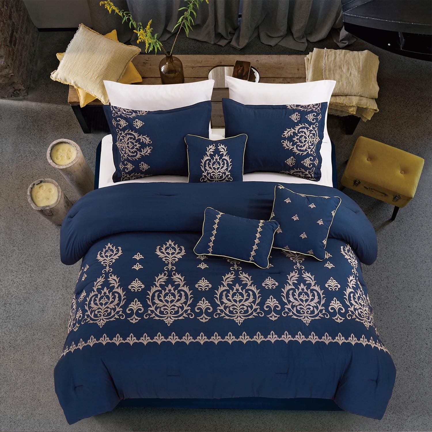 Ensemble de consolateur JML 7 pièces, conception de broderie en microfibre douce, Cal King