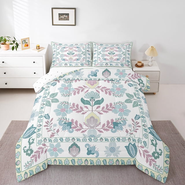 Erosebridal Teen Blue Flower Bedding King Comforter Set,Exotic Style Comforter Sets King Size,Botanical Room Decorative,Reversible,Microfiber,3 Pieces