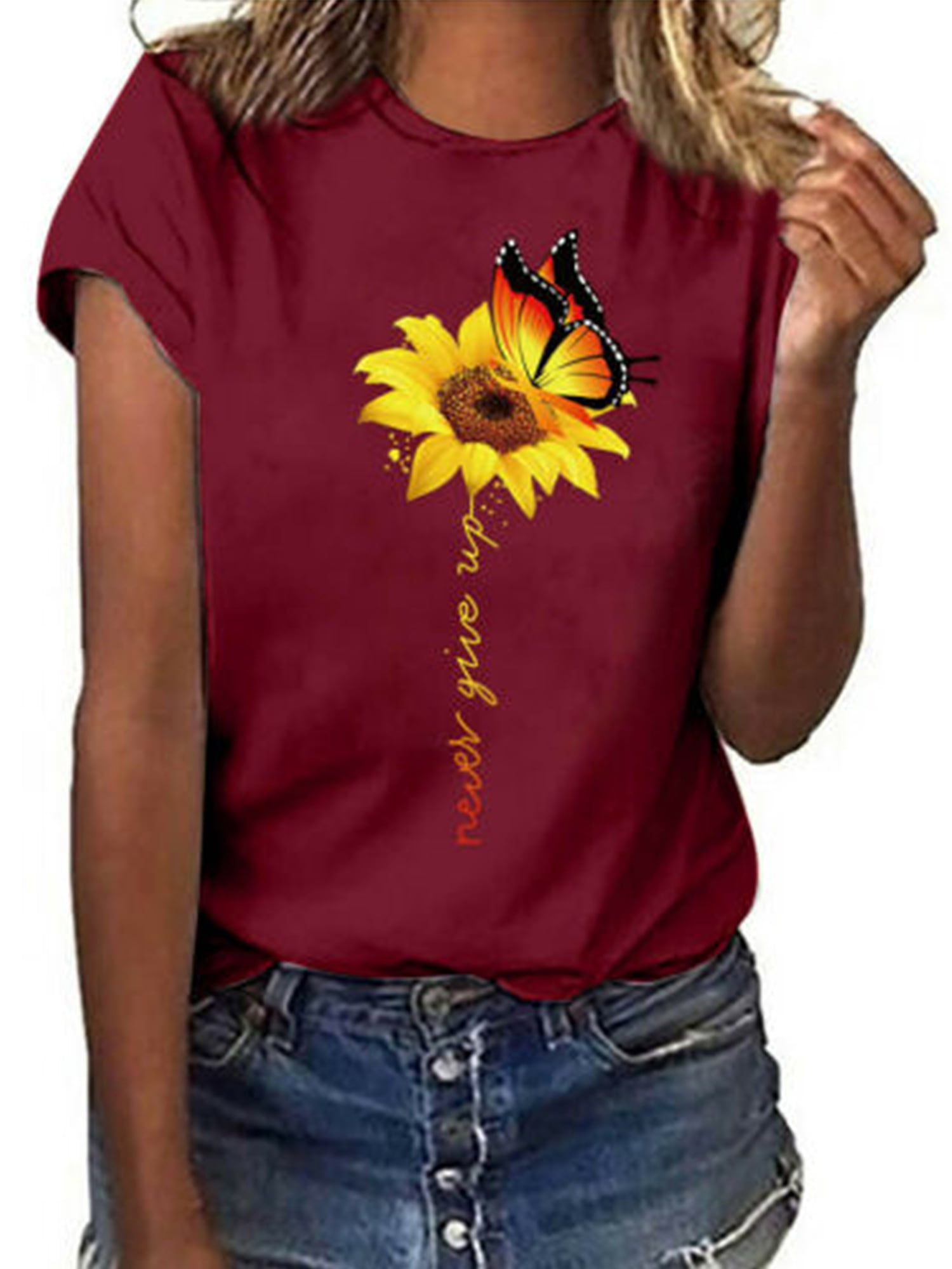 Nouveau T-Shirt pour Femmes un Petit Tournesol Manches Courtes Col Rond T-Shirt d'Été pour Dames Tee Blouse
