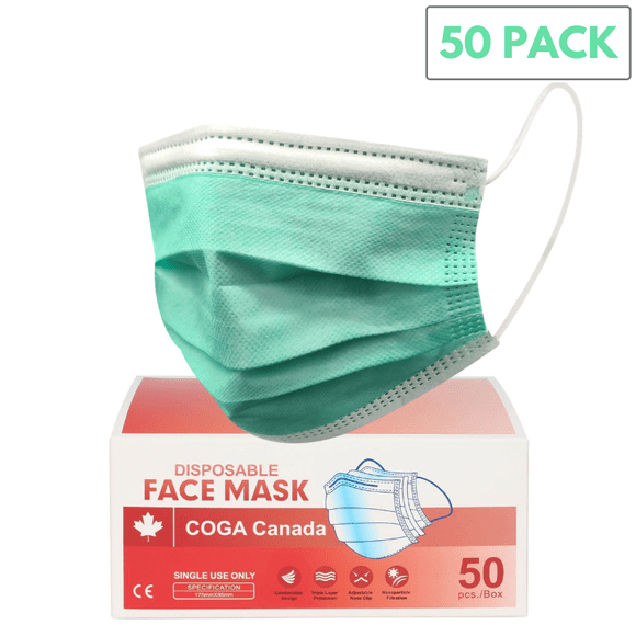 COGA Canada - GREEN 50 Pack 3ply Disposable Face Mask Non Medical Non Surgical