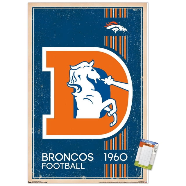 NFL Denver Broncos - Retro Logo 14 Wall Poster, 22.375" x 34" featuring a centered vintage Denver Broncos logo with a large orange 'D' and a white horse breathing blue flames on a distressed blue background with vertical orange stripes and text 'BRONCOS FOOTBALL 1960', printed on glossy poster paper ideal for sports fan room decor or party decoration.