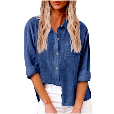 CFLVAEK Chemises de Bureau Décontractées pour Femmes Grande Taille Manches 3/4 Blouses à Double Poche devant Habillées Boutonnées Chemise en Lin Coton Légère Unie Col en V Blouses de Travail pour Dames
