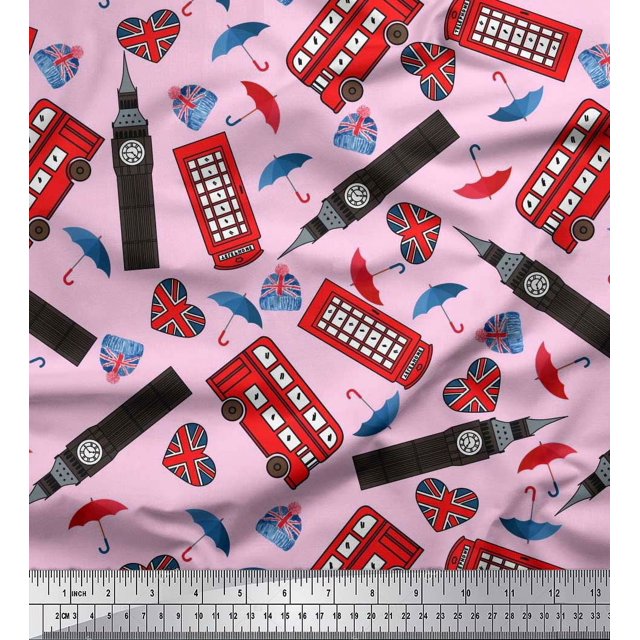 Soimoi Poly Georgette Fabric Bus,Telephone Booth & London Clock Tower Architectural Fabric Prints by Yard 52 Inch Wide