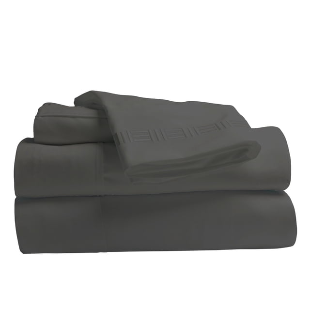 Comfy Bamboo World 9900 Series 100gsm Embroidered Bedsheets Sheet Set in dark grey, full size. This 4-piece set includes ultra-soft microfiber sheets with a hypoallergenic and wrinkle-resistant design. Features deep pockets for mattresses up to 18 inches and an embroidered pattern for added elegance.