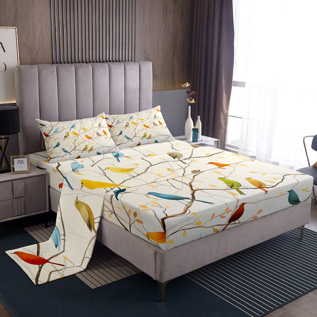 Erosebridal Colorful Birds Sheet Set Queen, Botanical Branches Bedding Sets, Polka Dots