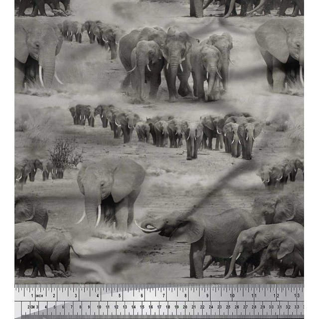 Soimoi Poly Georgette Fabric tree & elephant Animal Printed Fabric 1 Yard 42 Inch Wide