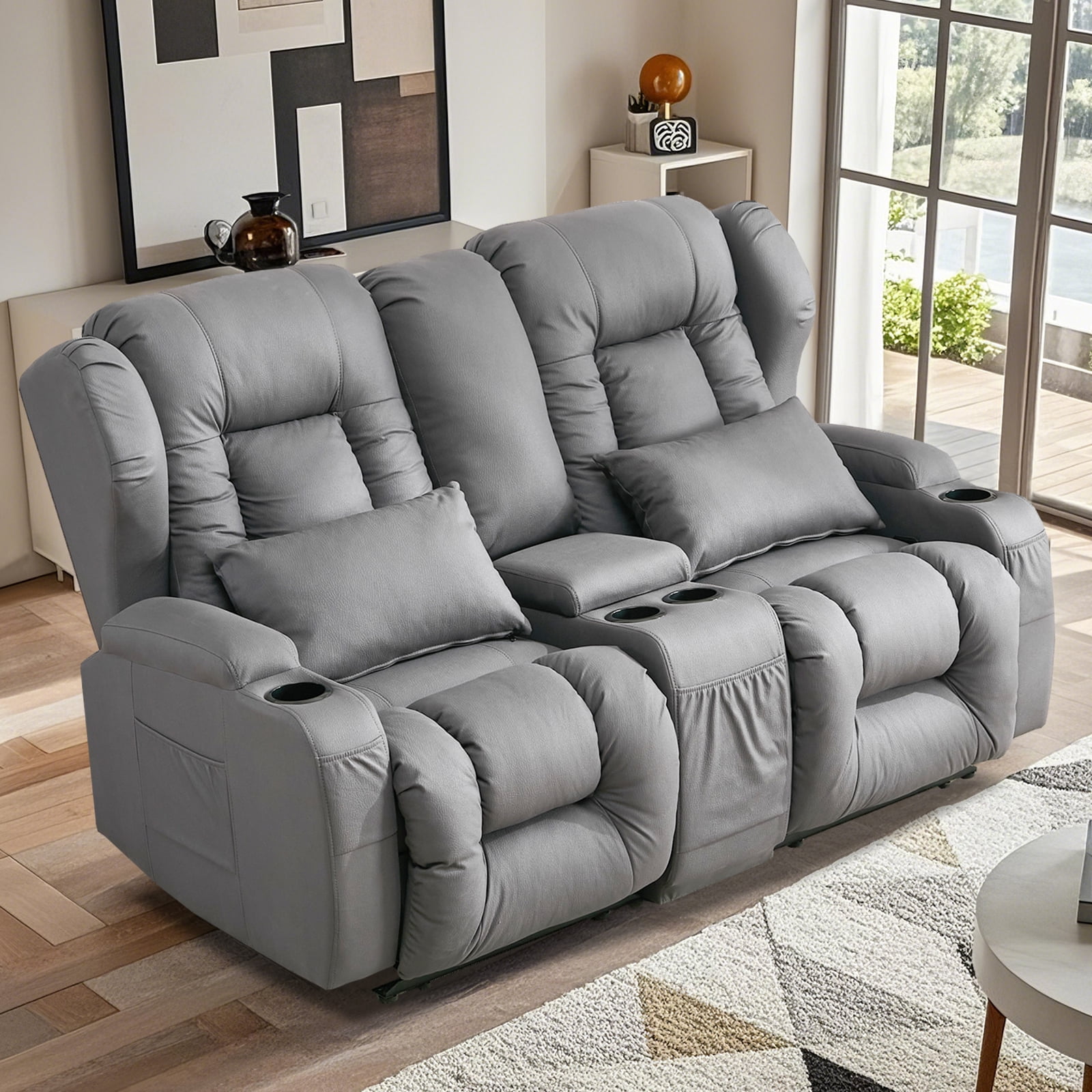 IPKIG Loveseat Recliner Sofa, Double Manual Recliner RVs Sofa with Storage Console, Side Pockets Cup Holder, Wingback Loveseat Reclining Couch for Living Room, Bedroom, RVs, Gray