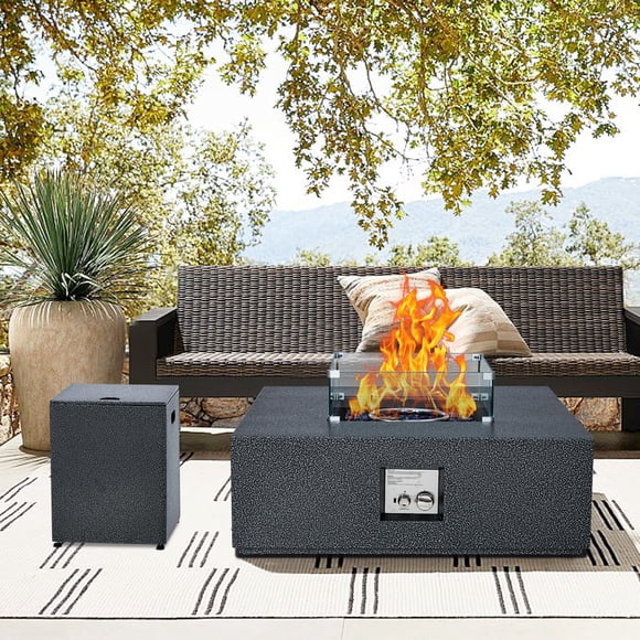 Outdoor Propane Firepit Table Set with Tank Table, 36 inch Square Fire Table 50,000 BTU with 16 inches Tank Side Table, 2 Pack